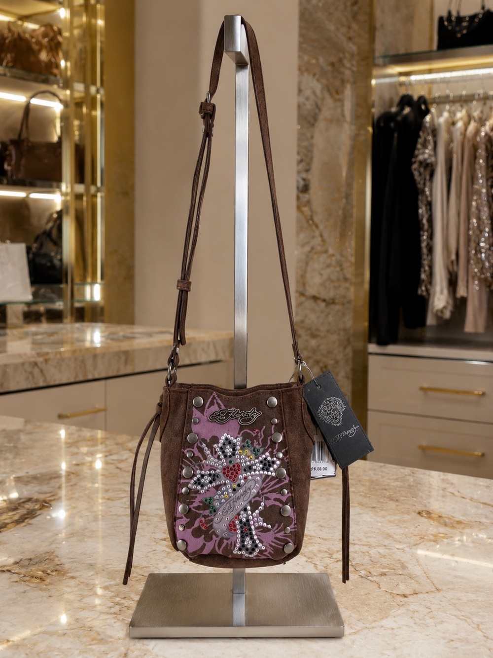 Ed Hardy Y2K Brown Rhinestone Cross Studded Crossbody Bag